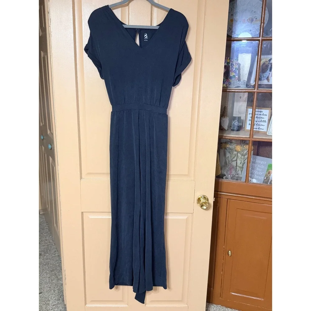 Lou & Grey Navy Blue V-Neck Short Sleeve Tie Back Wide Leg Jumpsuit Womens Large